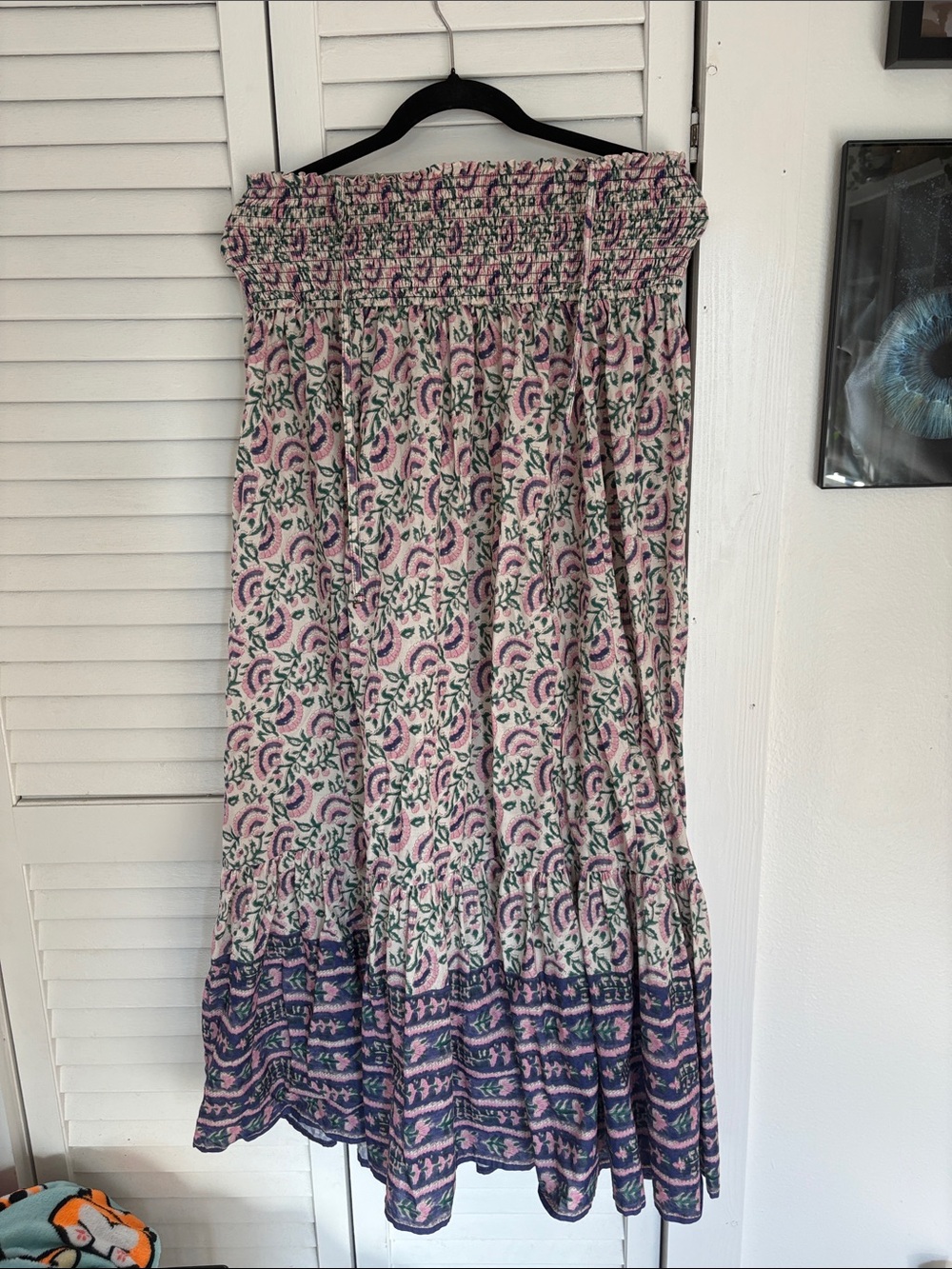 NATURAL LIFE Pink & Green Floral Smocked Maxi Skirt with Purple Border